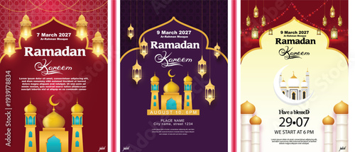 Ramadan Kareem Greeting Poster Collection with Golden Mosque, Islamic Lanterns and Arabesque Patterns