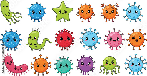 Cute cartoon germs and bacteria characters collection, colorful microbe mascot vector illustration set for kids education