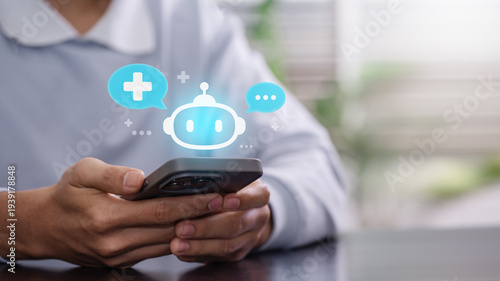AI healthcare chatbot and digital medical assistance. person using smartphone with healthcare chatbot interface, ai medical assistant for digital health consultation, online medical support