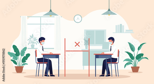 Two businessmen wearing masks and sitting at desks with protective screen and social distance in office workspace.