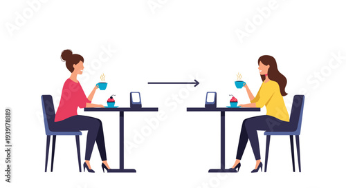 Two women sitting at separate tables in a cafe with coffee and cake while maintaining safe social distance apart.