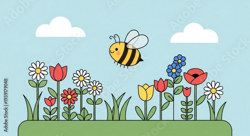 A colorful illustration of a bee flying over a vibrant garden with flowers and clouds