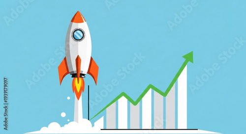 A vector graphic illustration of a rocket launching into the sky with a growing green graph in the background