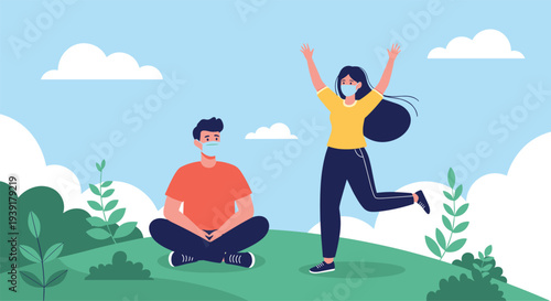 Happy couple wearing protective face masks enjoys a day at the park with one person jumping for joy while the other sits on the grass.