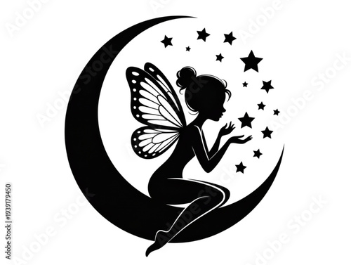 Magic fairy sitting on crescent moon vector, butterfly wings girl silhouette with stars on white background