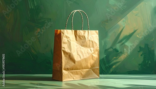 A crumpled paper shopping bag with rope handles sits against a textured green backdrop