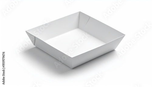 An empty, white, square, open-top container casting a shadow