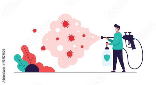 Person wearing protective clothing and a mask uses a specialized spray gun to disinfect and kill virus particles in a clean vector style.