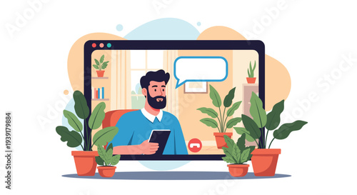 Video conference call interface on a computer screen shows a man talking from his home office surrounded by various potted indoor plants.