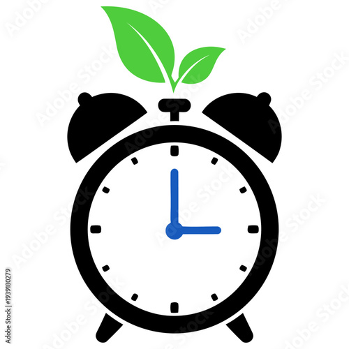 Clean alarm clock silhouette with small green leaves emerging from the top | Healthy routine and balanced lifestyle habit symbol | Flat vector icon