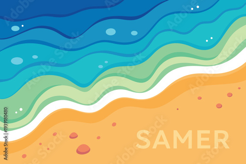 Tropical Beach Shoreline with Ocean Waves Top View.