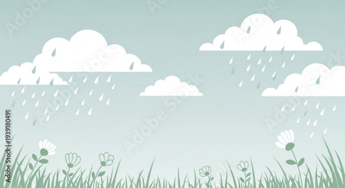A minimalist vector illustration of a rainy day with clouds, flowers, and grass