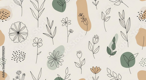 A minimalist floral pattern featuring simple line drawings of flowers and leaves in a muted color palette