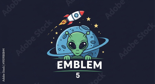 Cute alien peeking over emblem with rocket in space.