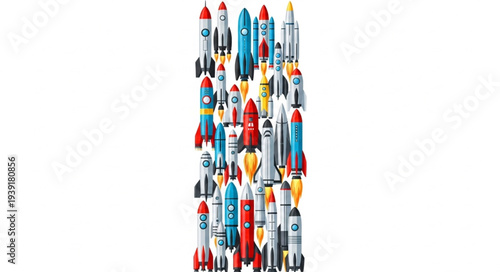 Collection of colorful toy rockets arranged vertically.