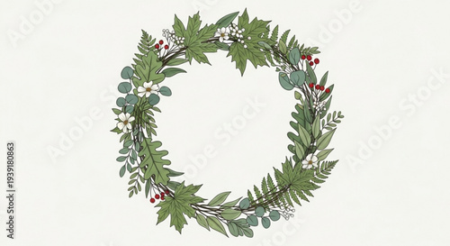 A beautiful floral wreath made of green leaves and red berries on a white background