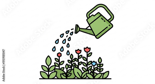 A colorful vector illustration of a green watering can pouring water onto a vibrant garden with flowers and leaves.