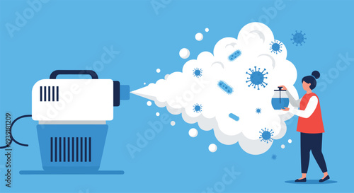Woman operating a powerful disinfection machine sprays a cloud of mist to eliminate blue virus particles on a bright blue background.