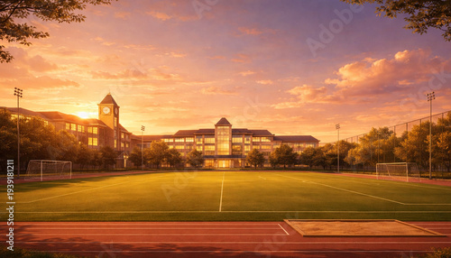 AI Generated School Athletic Field at Sunset