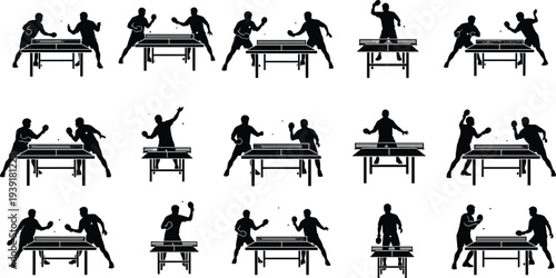 Table tennis players silhouettes collection showing ping pong match actions, sport vector illustration set