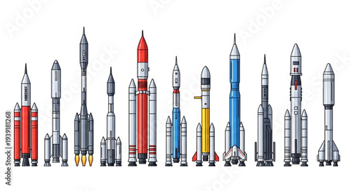 Collection of various rockets and spacecraft lined up.