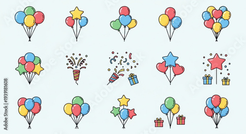 A colorful vector graphic illustration of party icons including balloons, stars, gifts, and confetti