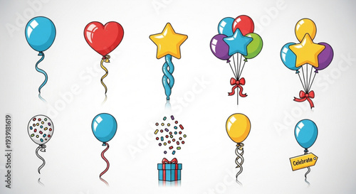 A colorful vector illustration of balloons and gifts for a festive celebration or party decoration