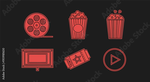 Film Reel Popcorn Bucket and Cinema Icons.