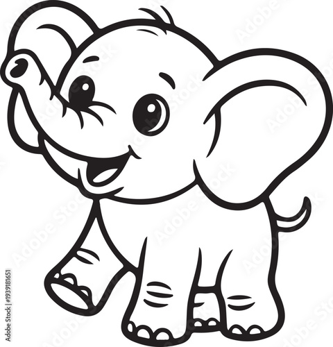 Cute Baby Elephant Coloring Page for Kids, Happy Cartoon Animal Vector Illustration