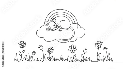 Sleeping mouse on fluffy cloud under rainbow amidst blooming flowers and lush grass in serene landscape