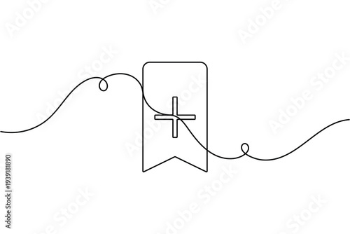 Add bookmark icon continuous one line drawing on white background minimalist create new save plus symbol outline vector illustration
