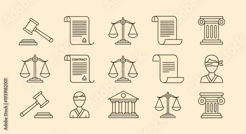 Justice Icons Featuring Scales and Gavel.