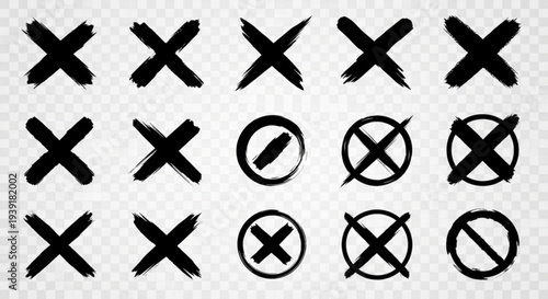 A set of black vector graphic icons featuring various X marks and symbols on a transparent background