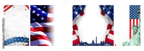 A patriotic montage featuring the American flag, Washington D.C. skyline, and Statue of Liberty.