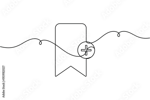 Add bookmark icon continuous one line drawing on white background minimalist create new save plus symbol outline vector illustration