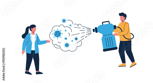 Person using a professional sanitizing machine sprays a disinfecting mist over a woman to help stop the spread of harmful virus germs.