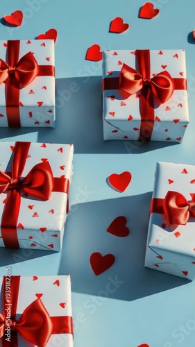 Soft light illuminates gift boxes with red bows. Heart motifs dot each wrapped package. Red ribbons gleam against clean white paper. Scattered hearts add festive charm to the scene