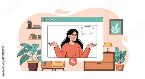 Young woman talks during a video call on a computer window placed within a cozy living room setting with plants and bookshelves.