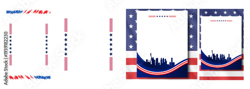 Four Diverse American Patriotism Themed Vertical Templates with Stars, Stripes, and City Silhouettes