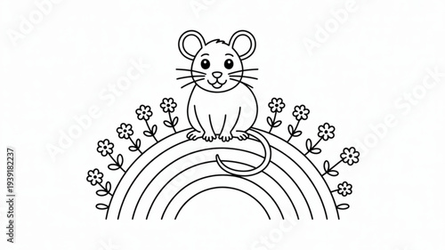 Cute mouse sitting on a rainbow with flowers smiling and looking forward black and white illustration