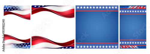 Four Patriotic American Flag Themed Vertical Backgrounds Featuring Stars and Stripes Designs and Wavy Patterns