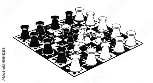 Chessboard with chess pieces in a strategic game of competition and intellect.