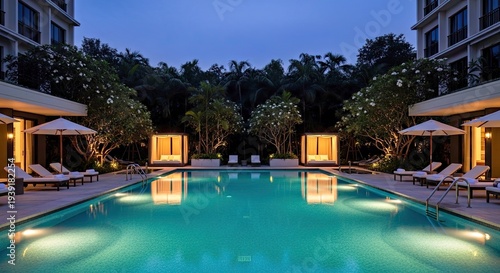 Wallpaper Mural Luxurious Resort Pool at Dusk With Elegant Surroundings and Soft Lighting Torontodigital.ca