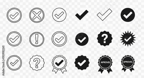 A set of black and white checkmark icons and approval symbols in various styles on a transparent background