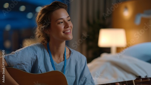 Music therapist plays guitar for hospice patient in care facility room using therapeutic sound for pain relief and emotional comfort, ideal for integrative palliative care, healing arts, and modern