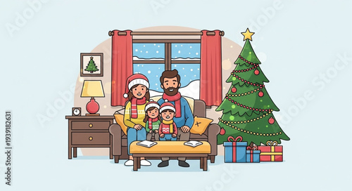 Family gathered together on the couch during the Christmas holiday season.