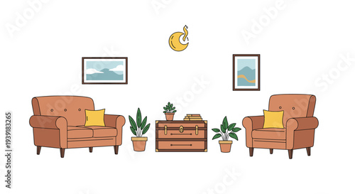 Cozy living room interior featuring two stylish armchairs, indoor plants, a vintage trunk used as a coffee table, and framed mountain art on the wall.