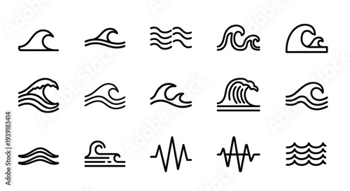 Minimalist wave and seagull designs in a black outline silhouette