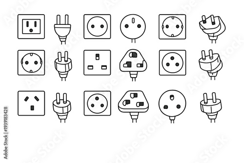 Different types of electrical plugs and sockets from various regions