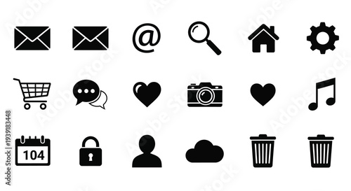 Collection of black icons representing digital communication and functions silhouette
